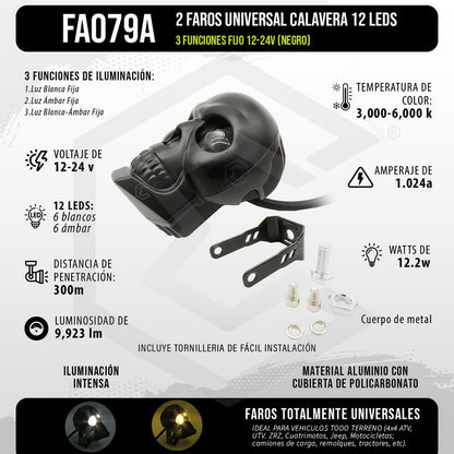 2 Faros Universal Calavera 12 Leds 3 Funciones Fijo 12-24v
