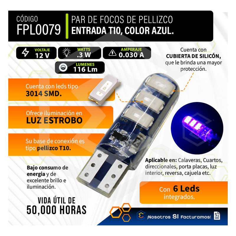 Par De Focos De Pellizco 6 Leds Smd T10 Gel Luz Estrobo 12v