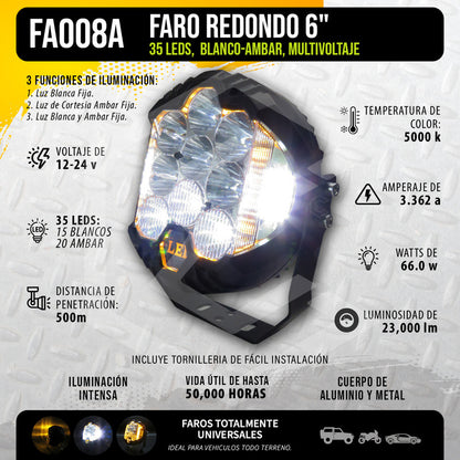 Par Faros Redondos 35 Leds 23,000 Lm Fijo Estrobo 6'' 12-24v