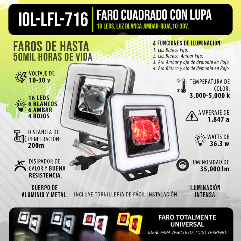 Par Faros Auxiliares 16 Led Con Lupa Bicolor Ojo Ángel 9-30v