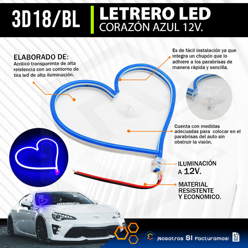 Figura Corazon Led Luz Neon Parabrisas Chupón Grande26cm 12v