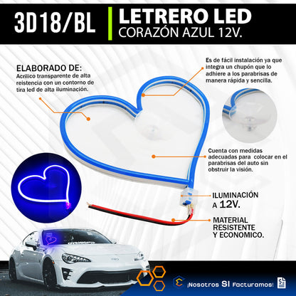 Figura Corazon Led Luz Neon Parabrisas Chupón Grande26cm 12v